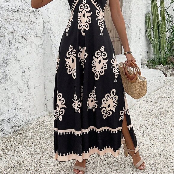 Black Boho Women's Floral Print Split Thigh Cami Dress - Picture 5 of 6